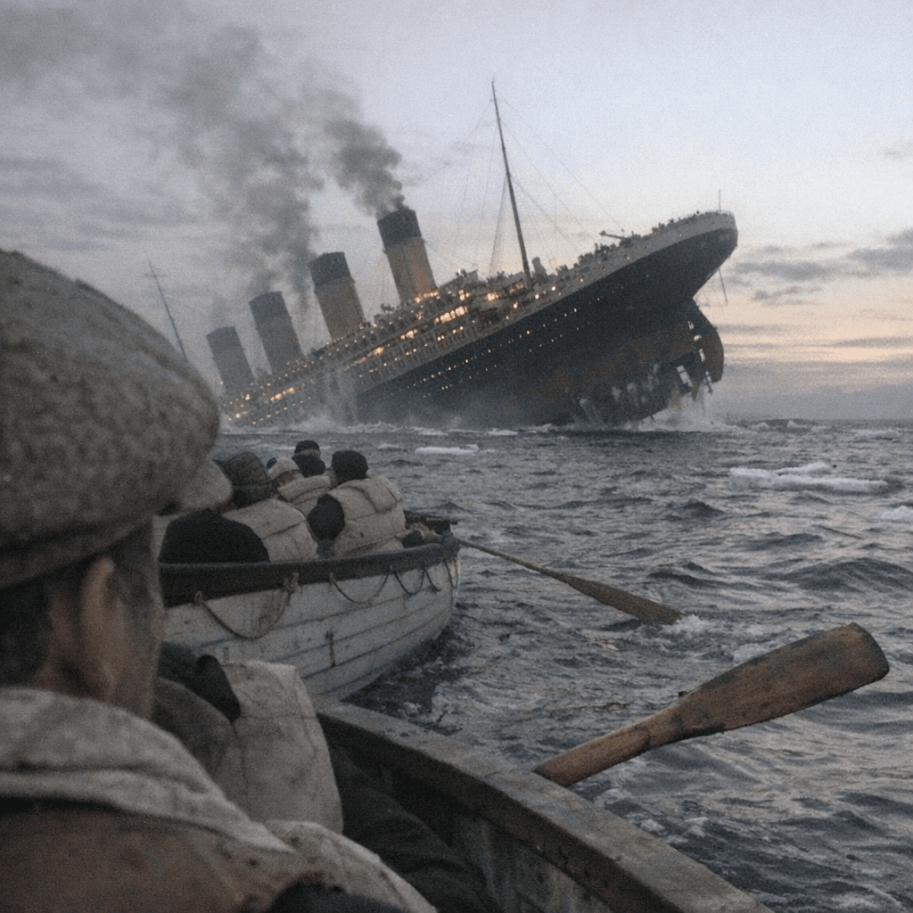 Survivors rowing a lifeboat away from a sinking ocean liner