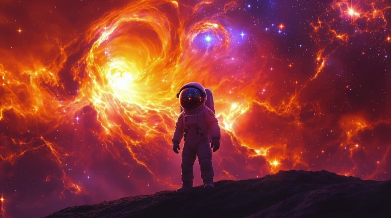 An astronaut on a dark ridge before a fiery nebula